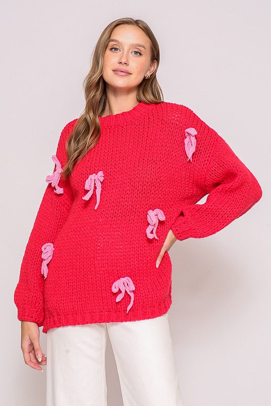 Cozy Chunky-Knit Sweater with Pink Bow Accents