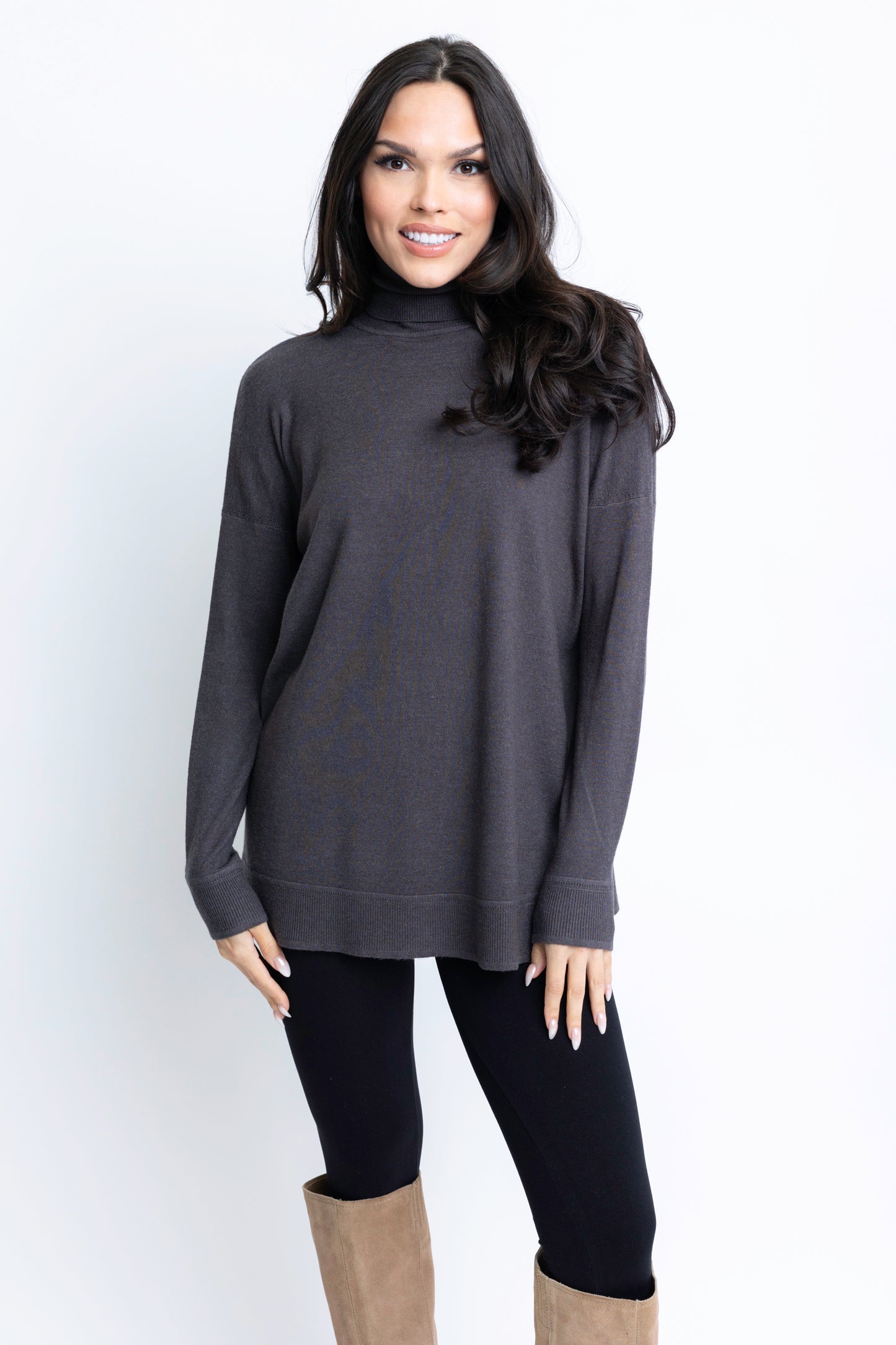 Solid Turtleneck Sweater Tunic Top - Charcoal