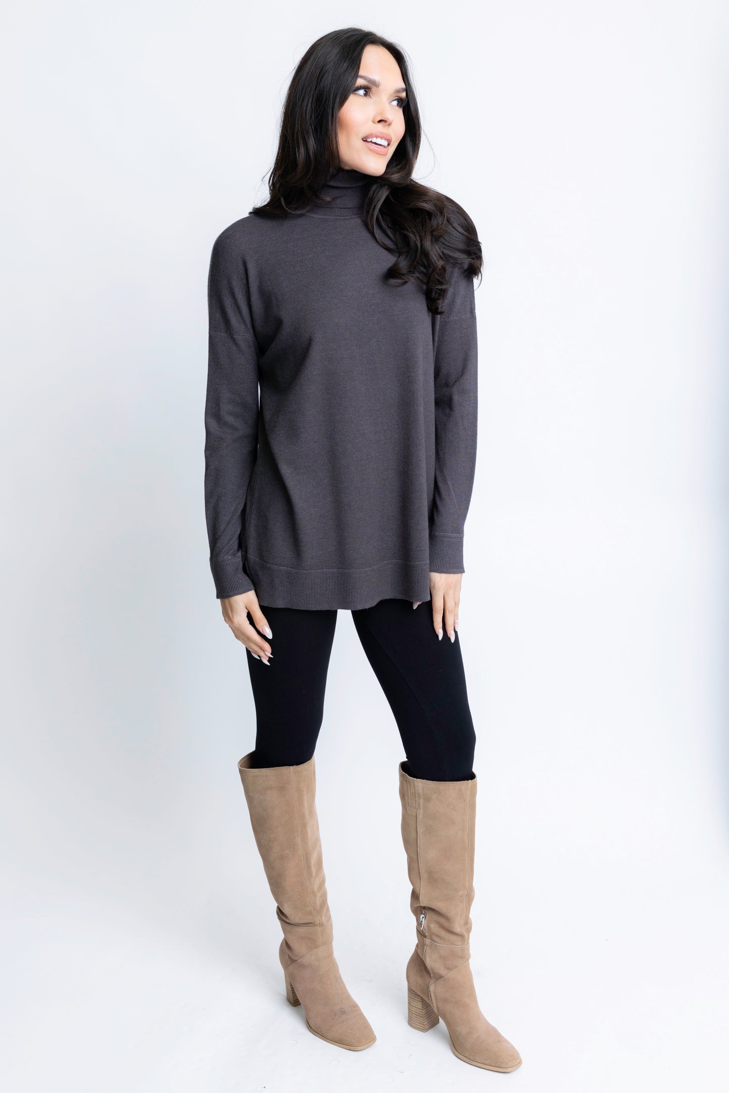 Solid Turtleneck Sweater Tunic Top - Charcoal