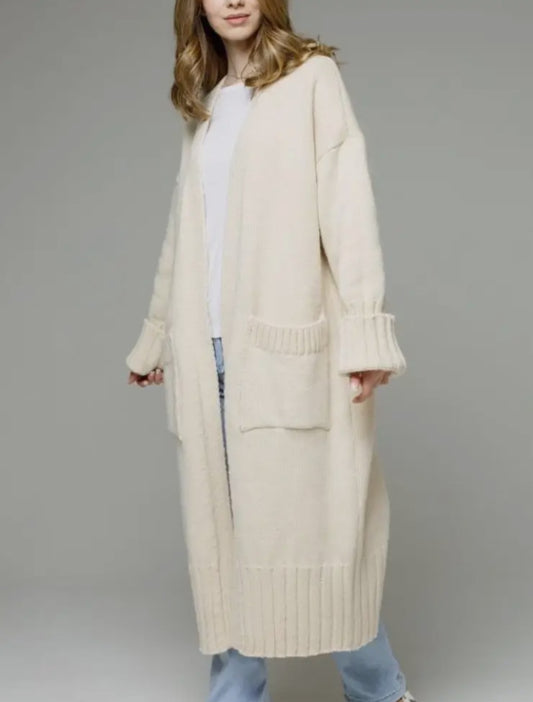 Casual Long Knitted Cardigan - Cream