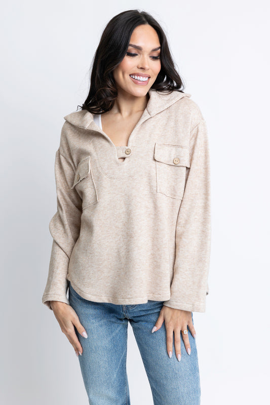 Oatmeal Pocket Collar Fleece Top