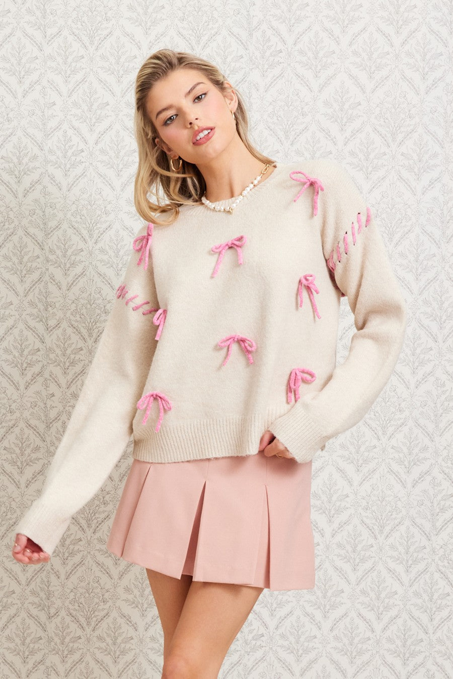 Tan and Pink Bow Accent Sweater