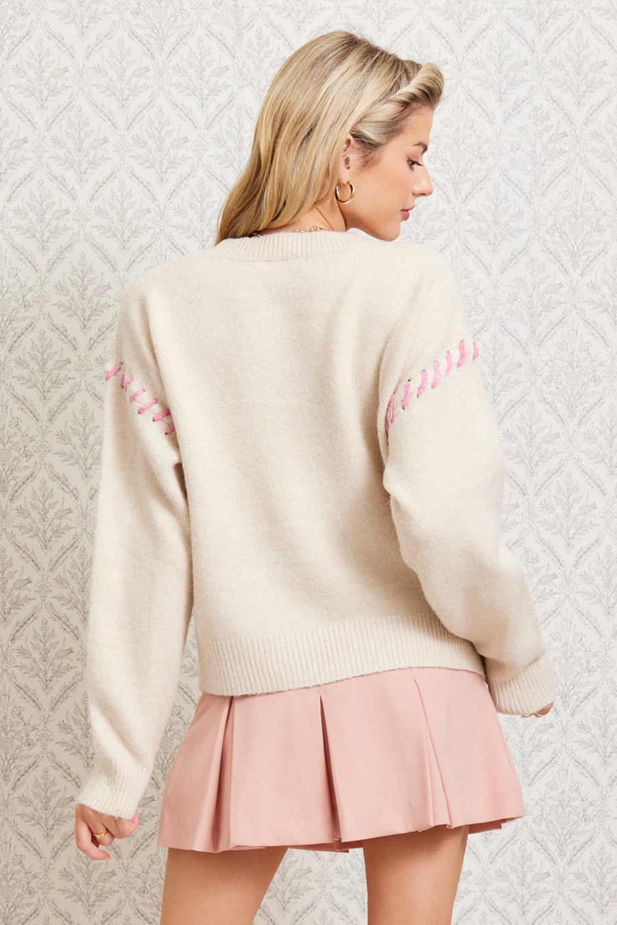 Tan and Pink Bow Accent Sweater