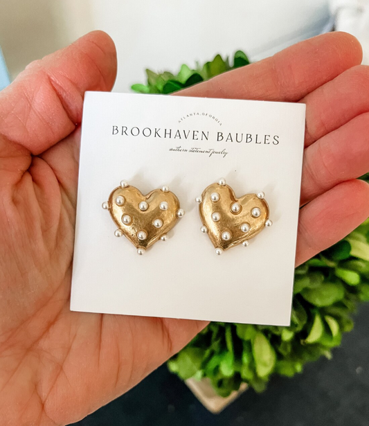 Gold Pearl Heart Stud Earrings